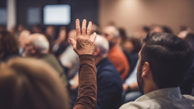 Engaged Audience Member Raising a Hand to Ask a Question During a Community Meeting