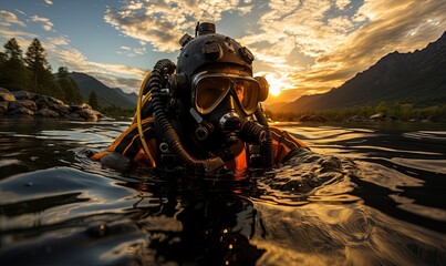 Diver Wearing Diving Mask in Water - obrazy, fototapety, plakaty