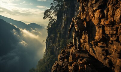 Man Standing on Mountain Cliff - obrazy, fototapety, plakaty