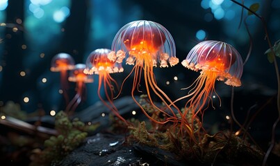 Group of Jellyfish Floating in Water - obrazy, fototapety, plakaty