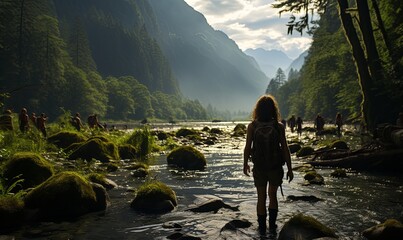 Woman Wading Through River Among Mountain Range - obrazy, fototapety, plakaty