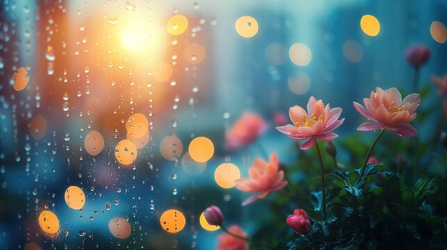spring flower with bokeh light and raindrops, Generative Ai