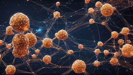 Vector Illustration of Molecular Network with Red and Blue Background, Bubbles, and Space for Text in Science and Technology Theme