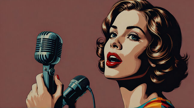 Pop art style woman singer with retro microphone.generative.ai