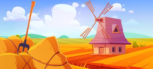 Wheat farm field with straw and mill illustration. Hay, barn and windmill rural vector landscape. Crop corn stack on meadow and blue sky peaceful environment panorama. Traditional harvest season - obrazy, fototapety, plakaty