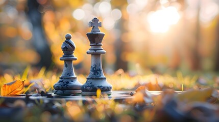 Chess Pieces on Autumnal Wooden Surface with Blurred Foliage Background - obrazy, fototapety, plakaty