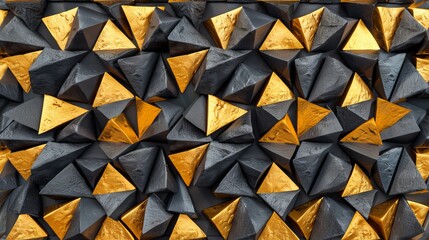 Black and gold triangles abstract luxury background. Gray and golden 3d triangular background. 