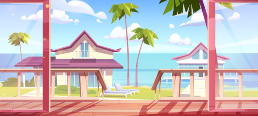 Fototapeta premium View from beach house terrace at sea. Vector cartoon illustration of seaside summer villas on ocean coast, chaise lounges on green lawn under palm trees, beautiful sunny day on tropical resort island