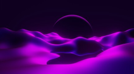 Fantasy landscape of other world, violet mountain valley shining at night. Digital painting 3d rendering