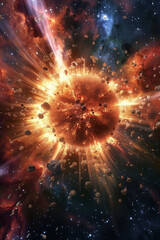 Fototapeta premium A bright orange star surrounded by a cloud of debris