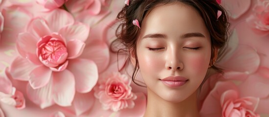 Beautiful young woman with closed eyes and pink flowers on banner background. The concept of advertising cosmetics for facial care