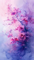 Cherry blossoms on blue watercolor background. Spring blossom