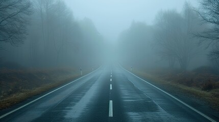 Calm landscape of an asphalt road in white fog. Tranquil and mystical background with copy space. Generative AI
