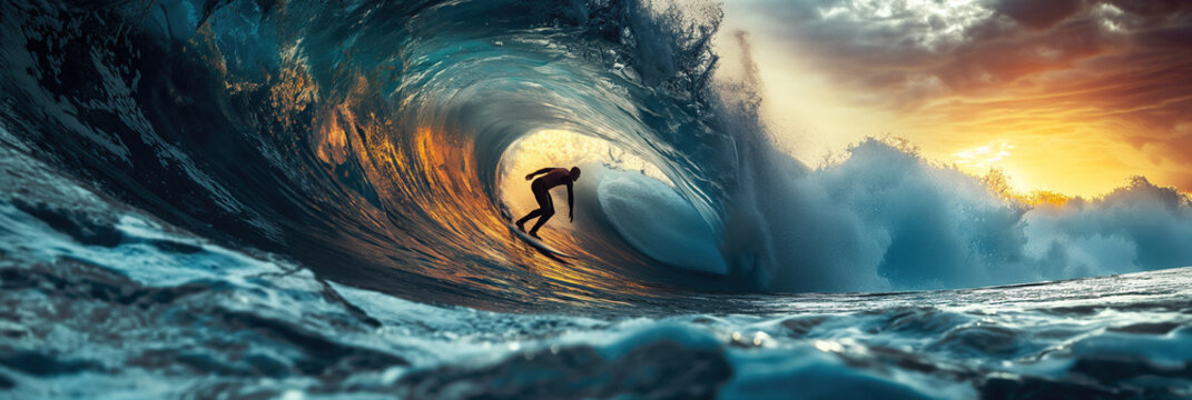 silhouette of man surfer on surfboard surfing waves in summer. Sunny landscape wide panorama of sea - Powered by Adobe