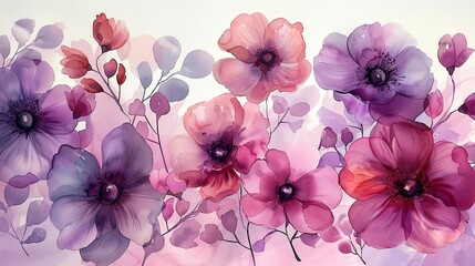 Watercolor floral background with pink and purple poppies. Hand painted illustration - obrazy, fototapety, plakaty