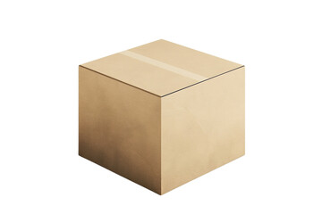 High angle view of a closed, empty cardboard box package intended for delivery and transportation on a white background - obrazy, fototapety, plakaty
