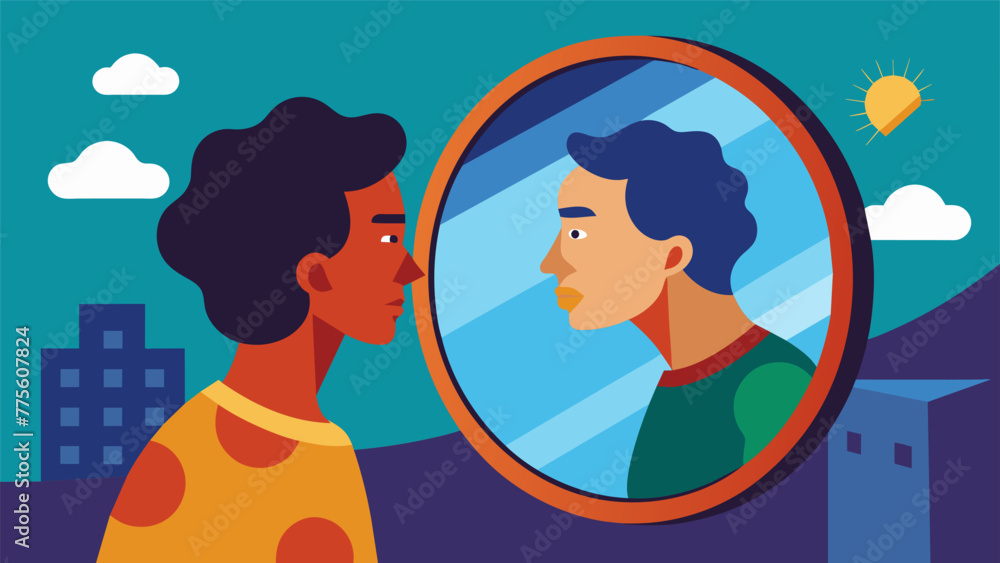 Poster a mirror revealing a persons implicit biases through the reflection of their negative thoughts and j