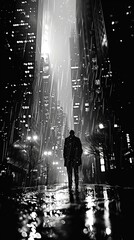 Midnight city walk rendered in a noir comic style