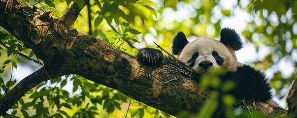 cute panda is on the tree