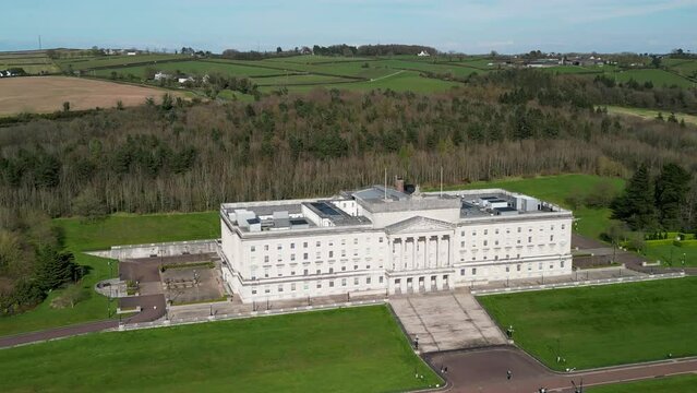 Aerial shot of Stormont Buildings, Belfast where the Northern Ireland Assembly sits.

Pull out from close-up of building to wide shot.

Shot at 60 frames per second and with Rec709 color space.