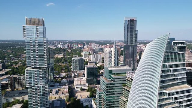 Glass windows and modern architectural elements on NYC skyline. Aerial