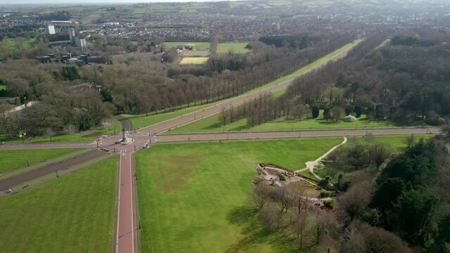 Aerial shot of Stormont Estate, Belfast - home the Northern Ireland Assembly.

Camera begins right and moves left.

Shot at 60 frames per second and with Rec709 color space.
