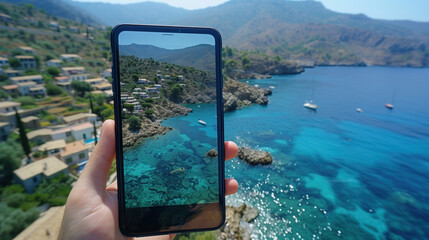 Overlooking a crystal-clear bay through a smartphone on a sunny day.
