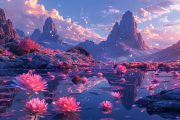 Alien landscape with floating rocks and vibrant flora
