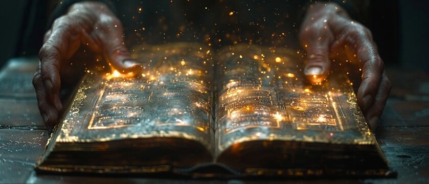 Hands flipping through a book of ancient runes