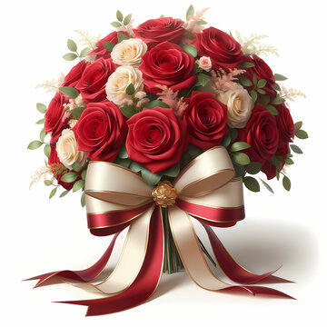 A photo-realistic image showcasing a beautiful arrangement of a delicate bouquet of red roses with a cream and gold ribbon gracefully tied around it