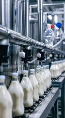 Inside the modern marvel of a milk factory where robotic factory lines revolutionize the processing and bottling of milk, showcasing technological precision and hygiene