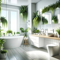 A photo-realistic image of a modern white bathroom, enhanced with various green plants for a touch of nature and tranquility.