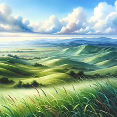 A watercolor painting depicting a serene landscape scene with lush green grass, rolling hills, and a sky filled with fluffy clouds