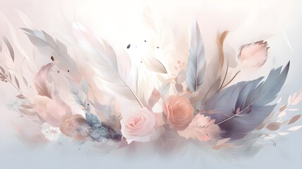 light soft pastel dreamy floral abstract background with feathers