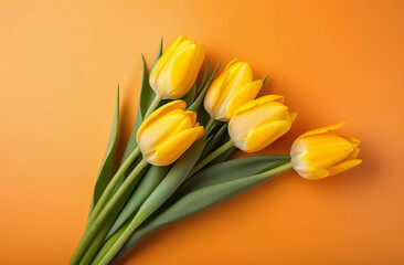 Obraz premium Yellow spring flowers on an orange background. Generative AI