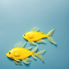 two yellow fishes in a light blue background