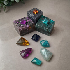 esoretic gemstones on a wooden floor with plants