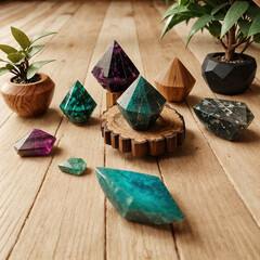 esoteric gemstones on a wooden floor with plants gemstones on a wooden floor with plants