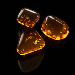 shiny amber stones floating in a dark background
