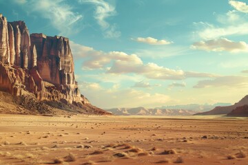 Desert Landscape With Mountain in Background - obrazy, fototapety, plakaty
