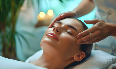 Beautiful woman of model appearance undergoing a spa procedure in a beauty salon close-up