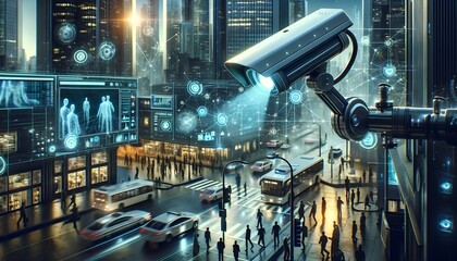 Advanced Surveillance Technology Monitoring Urban Crowd - obrazy, fototapety, plakaty