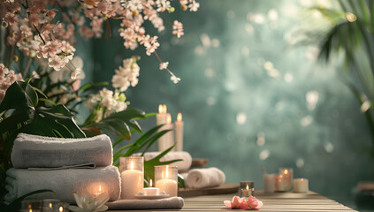 Composition of spa treatment on grey wall with burning candles. Healthy therapy space with hygiene...