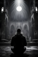 Silhouette of a man praying in a church, black and white photo