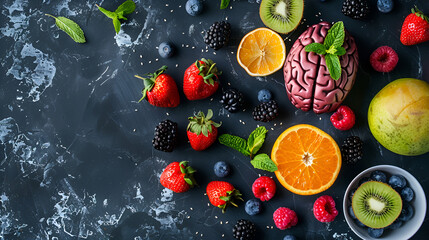 Brain with fruits as a concept of health , generative ai - obrazy, fototapety, plakaty