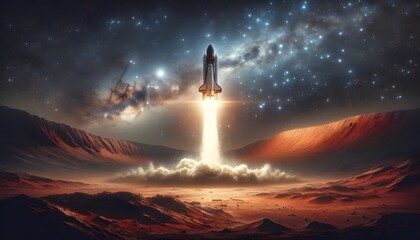 Space Shuttle Launching from a Martian Landscape into Starry Sky - obrazy, fototapety, plakaty
