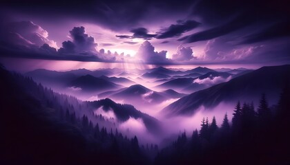 Mystical Mountain Range Shrouded in Purple Haze at Twilight - obrazy, fototapety, plakaty