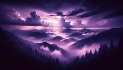 Foto op Plexiglas anti-reflex Mystical Mountain Range Shrouded in Purple Haze at Twilight © maikuto