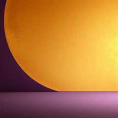 立体的な抽象正方形テンプレート。紫背景に黄色い円の装飾がある展示空間