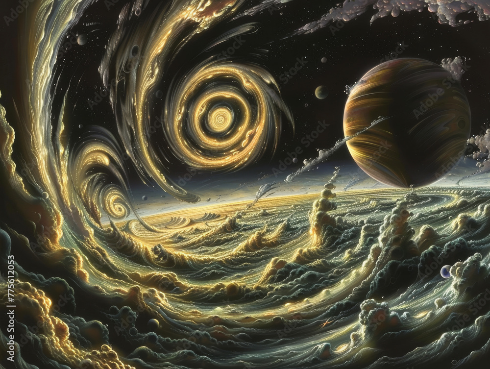 Poster a painting of a planet with a large sun and a large planet in the background